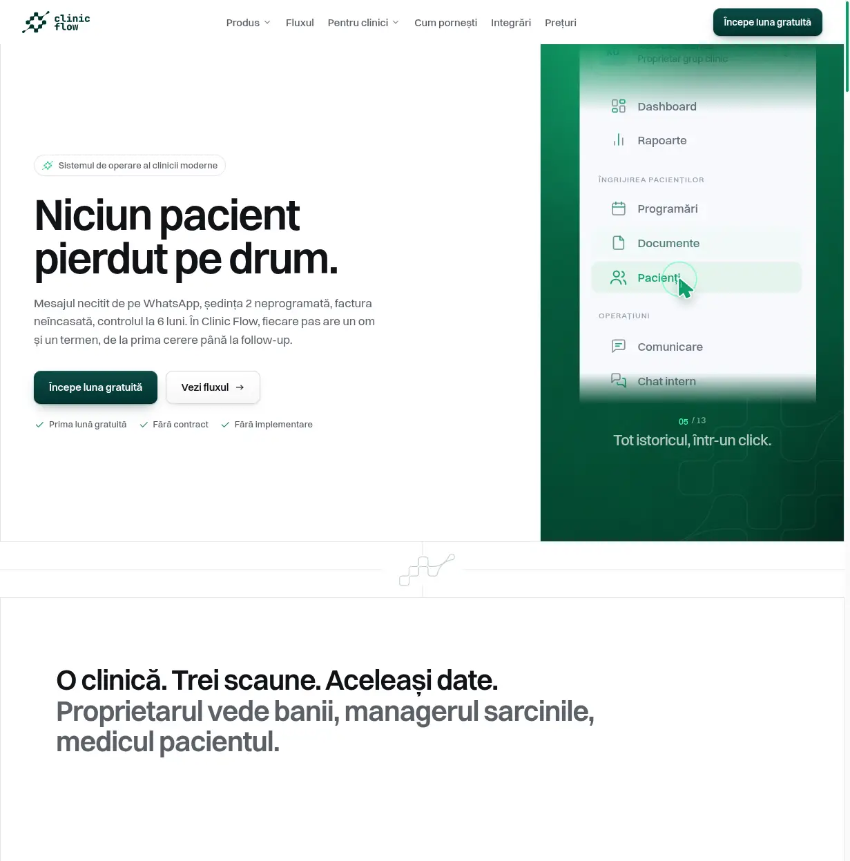 Pagina de prezentare Clinic Flow